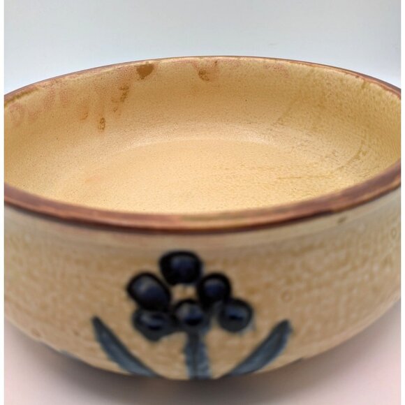 Artisan Stoneware Pottery Centerpiece Serving Bowl Blue Flowers Tan Salt Glaze - Picture 5 of 8